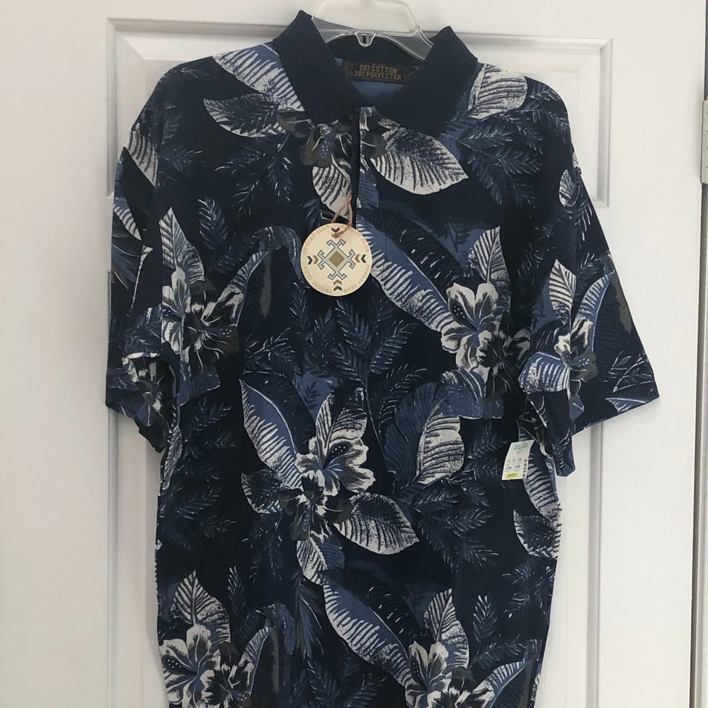 NWT Fryday Club Men’s Large Navy White Floral Polo Shirt Tropical Golf Resort